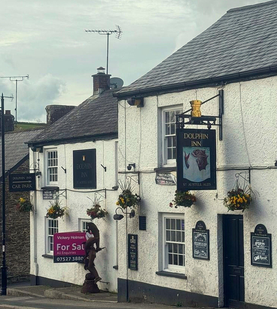 Photo on a cloudy day of The Dolphin Inn with a For Sale sign up - from April 2025. Taken by Tony Davies.
