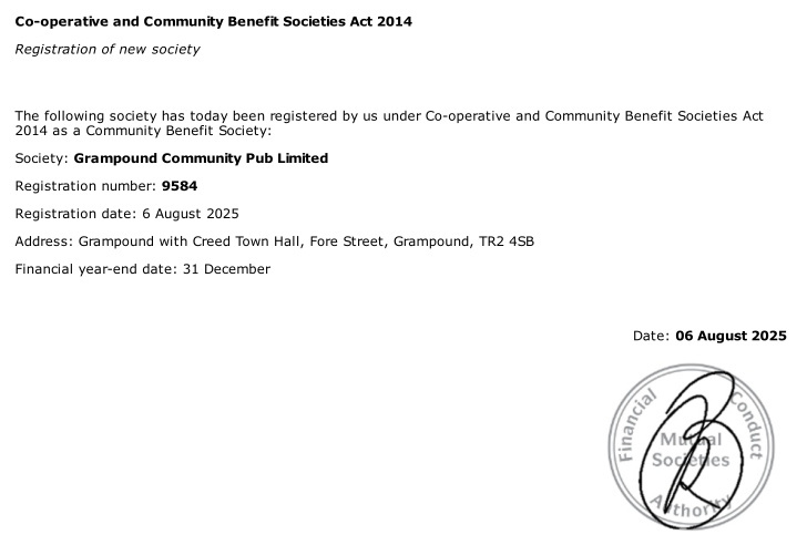 A screenshot of the letter of registration from the Financial Conduct Authority.